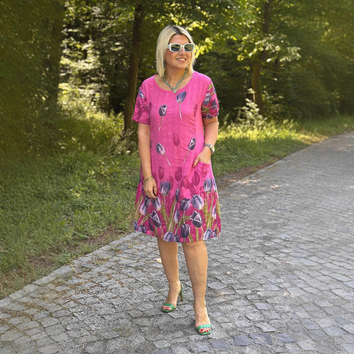 Women’s A-Line Dress – Floral Print – Short Sleeve Cotton – Midi Length – Side Pockets