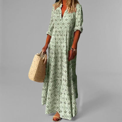 Women’s Maxi Dress – Lightweight Cotton – Loose Fit – V-Neck – 3/4 Sleeve – Vintage Print