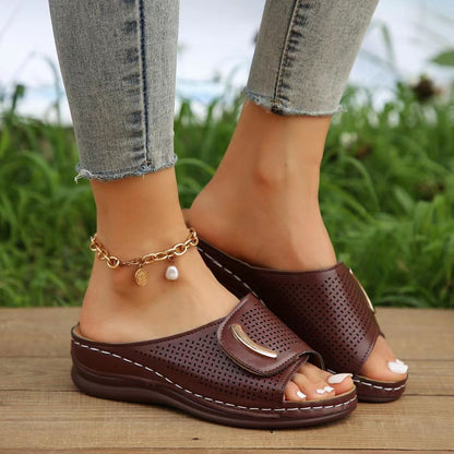 Women’s Wedge Sandals – Slip-On – Perforated Strap – Open Toe – Comfy Heel