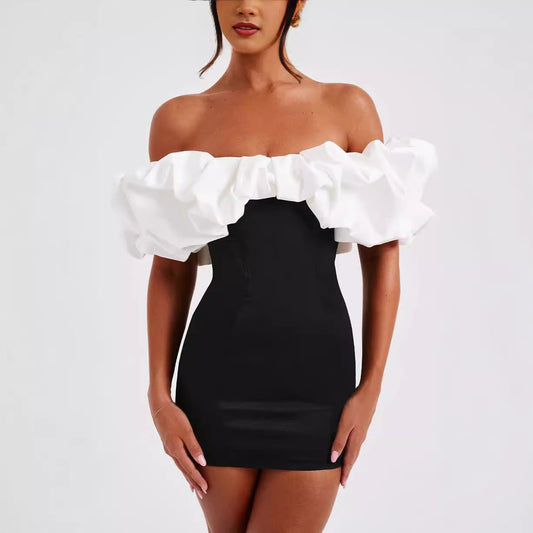 Women’s Mini Dress – Off-Shoulder Ruffled Neckline – Slim Fit Bodycon Party Wear