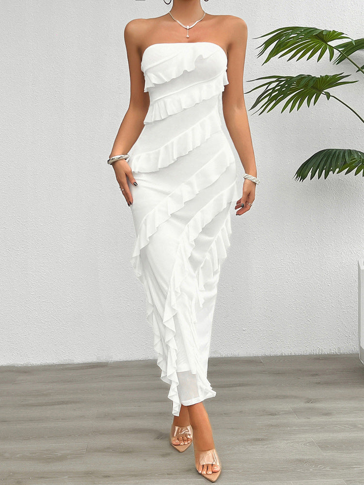 Women’s Strapless Dress – Bodycon Fit – Full Length – Asymmetrical Ruffle Detail