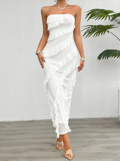 Women’s Strapless Dress – Bodycon Fit – Full Length – Asymmetrical Ruffle Detail