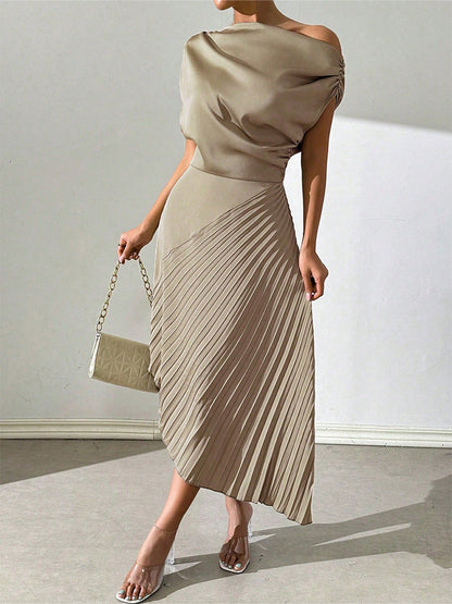 Women’s Midi Dress – One Shoulder – Satin Finish – Pleated Skirt – Fitted Silhouette
