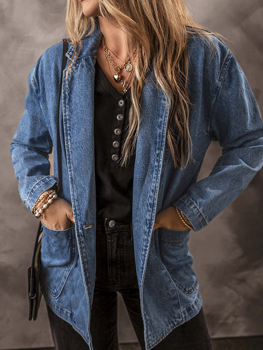 Women’s Tailored Blazer - Denim - Single Button Closure - Mid-Hip Length