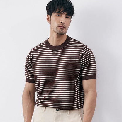 Men’s T-shirt – Slim Fit – Knit Cotton Blend – Horizontal Stripe – Ribbed Trim