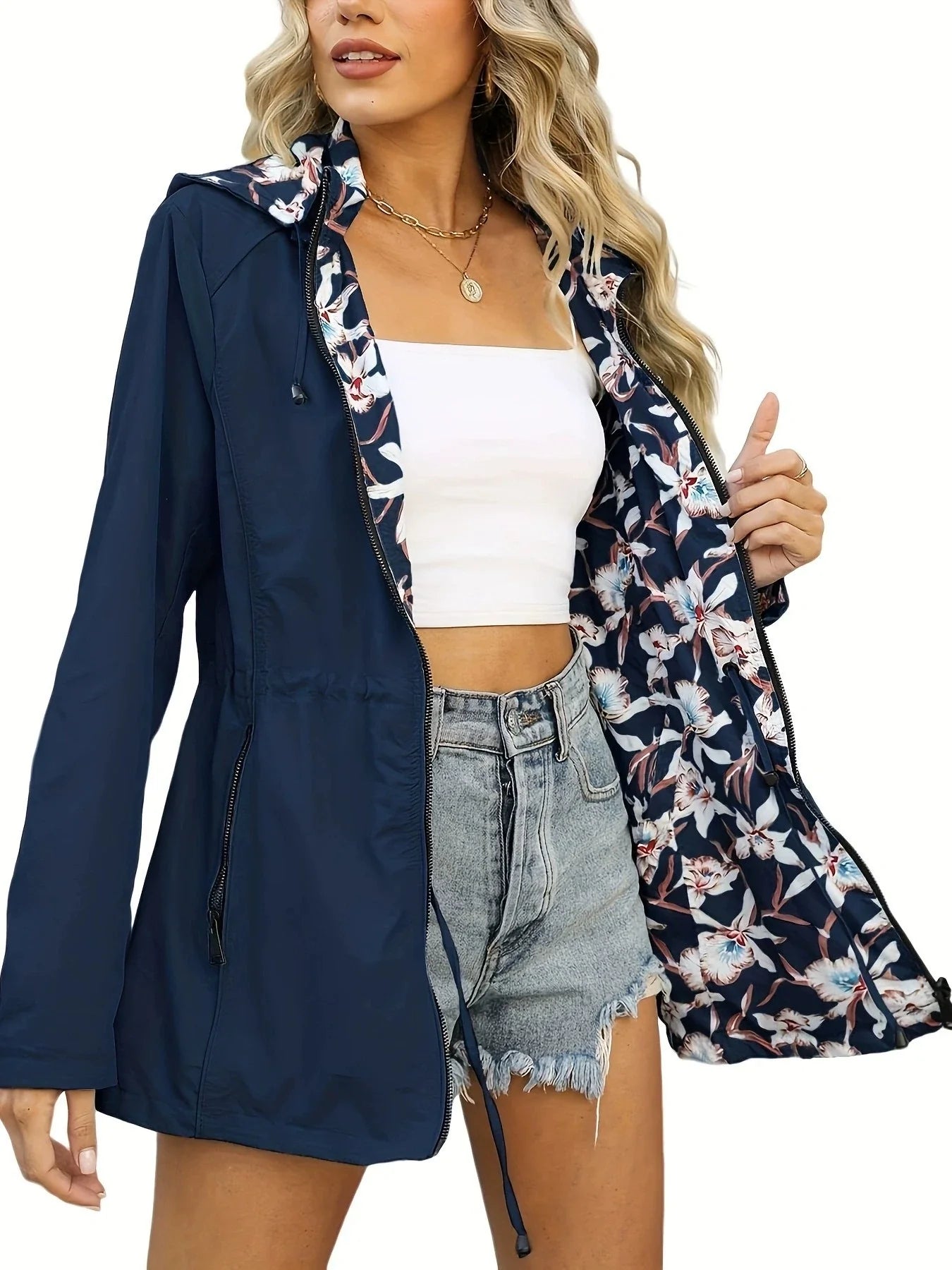Women’s Windbreaker Jacket – Slim Fit – Waterproof – Hooded – Zip Front – Drawstring Waist