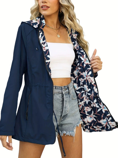 Women’s Windbreaker Jacket – Slim Fit – Waterproof – Hooded – Zip Front – Drawstring Waist