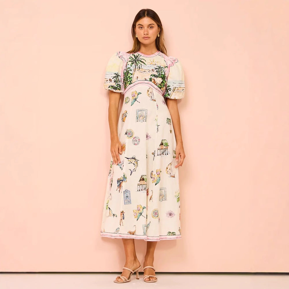 Women’s A-Line Dress – Cotton Linen Blend – Puff Sleeve – Artistic Print – Full Length