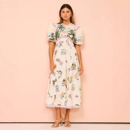 Women’s A-Line Dress – Cotton Linen Blend – Puff Sleeve – Artistic Print – Full Length