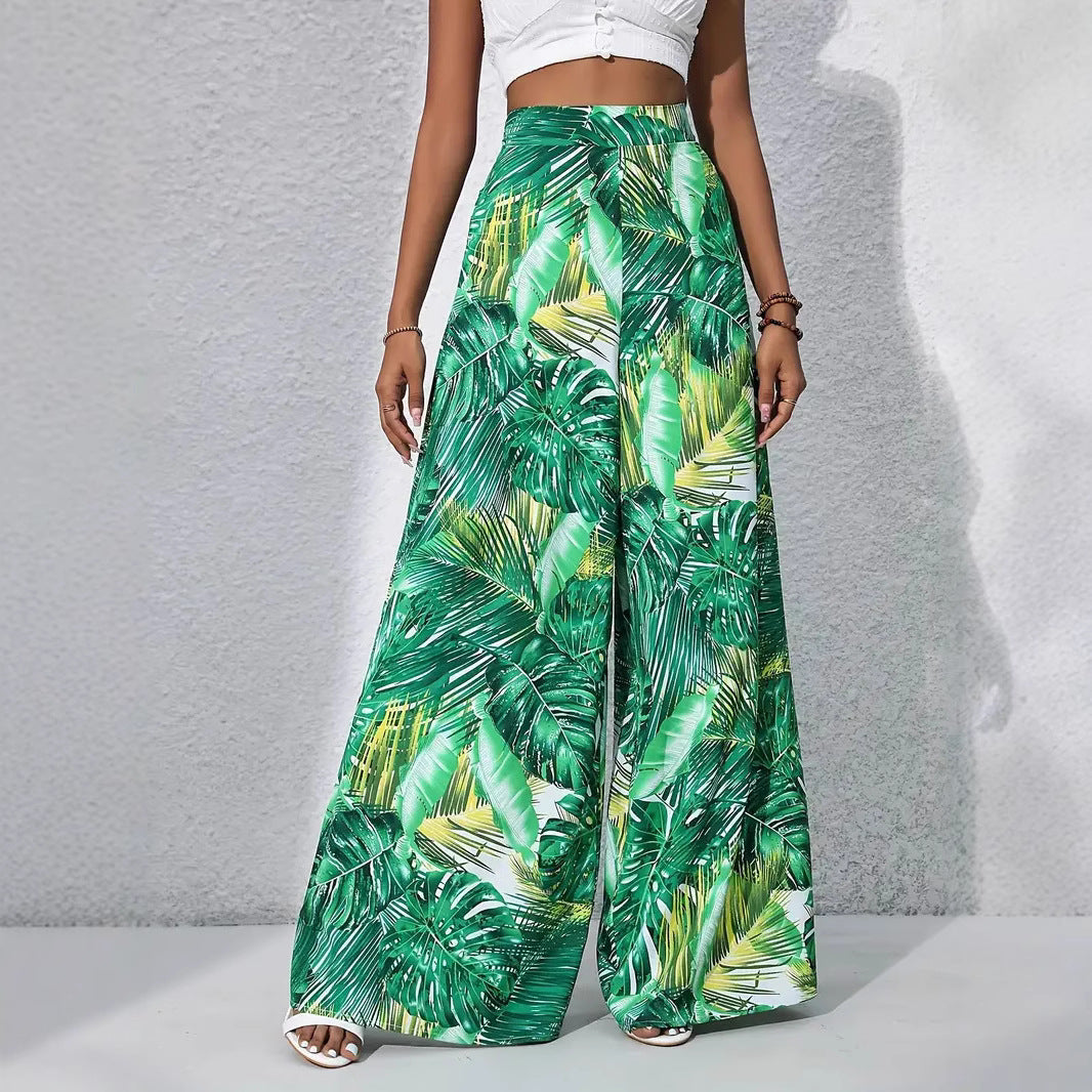 Women’s Wide-Leg Pants – High Waist – Lightweight Drape – Floral Print – Full Length