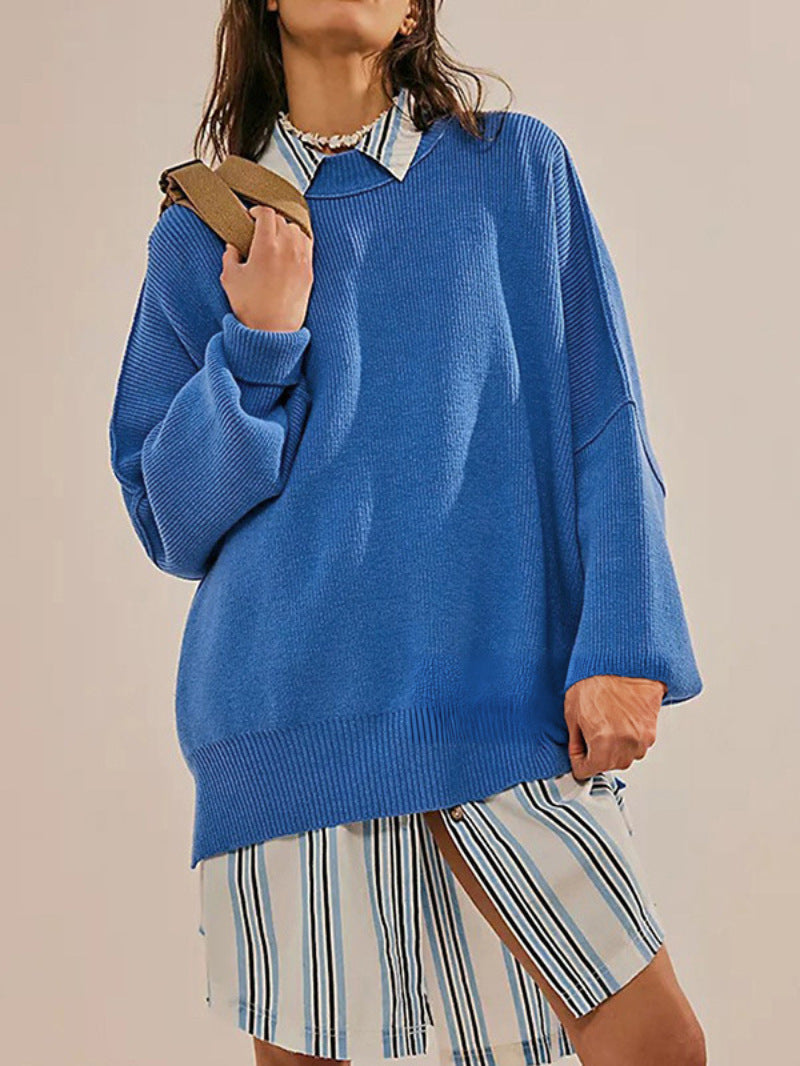Women’s Pullover Knit Sweater – Oversized Fit – Long Sleeve – Side Slits – Textured Knit