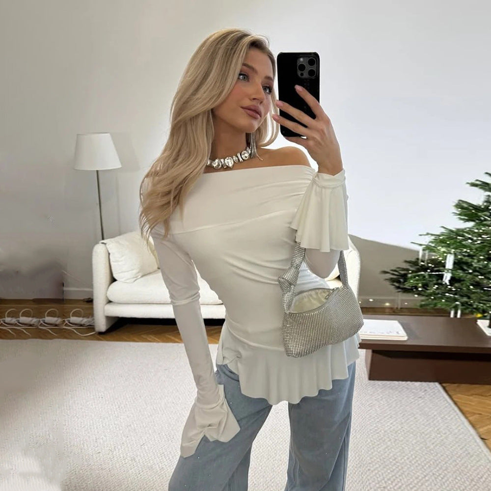 Women’s Off-Shoulder Top – Slim Fit – Ruffle Sleeve – Stretch Comfort Fabric