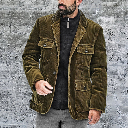 Men’s Corduroy Jacket – Tailored Fit – Notched Lapel – Button Closure – Utility Pockets