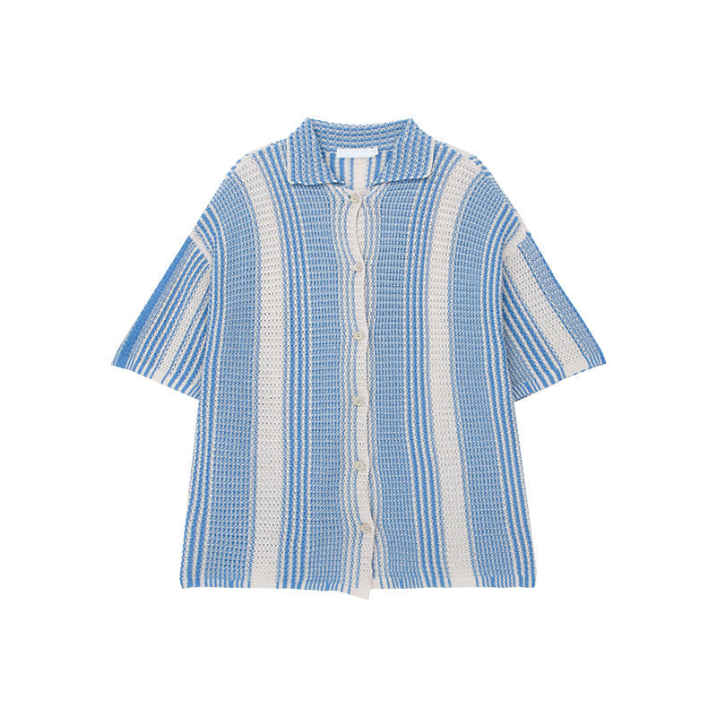 Men’s Knit Shirt – Loose Fit – Short Sleeve – Button-Down – Breathable Striped