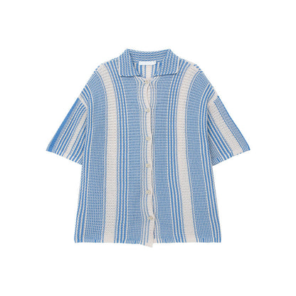 Men’s Knit Shirt – Loose Fit – Short Sleeve – Button-Down – Breathable Striped