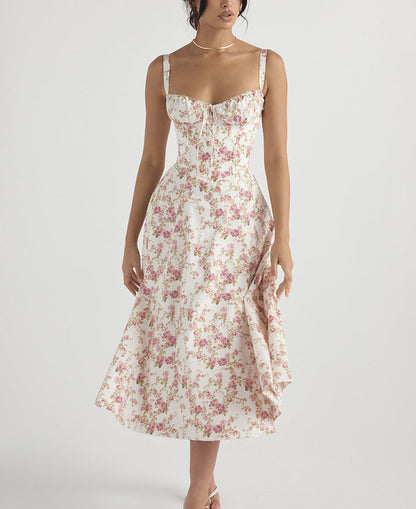 Women’s Midi Dress – Sleeveless – Tie Front – Floral Print – High Slit – Cotton Blend