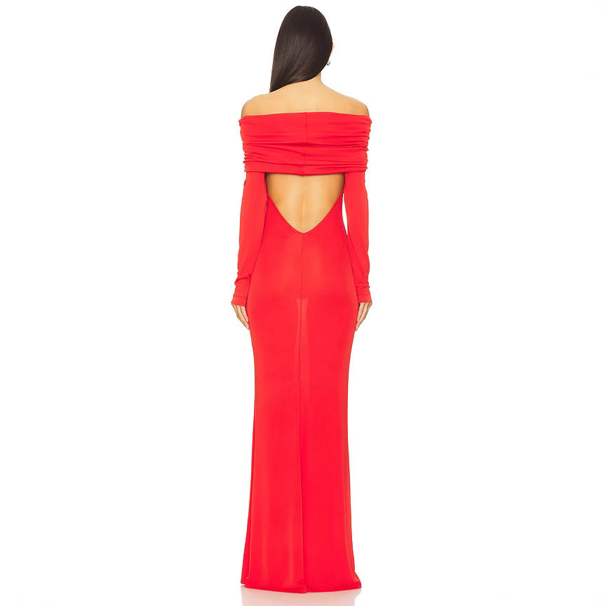 Women’s Evening Dress – Slim Fit – Satin Feel – Off-Shoulder – Long Sleeve – Formal