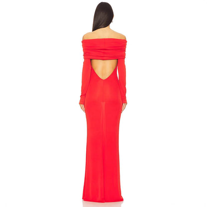 Women’s Evening Dress – Slim Fit – Satin Feel – Off-Shoulder – Long Sleeve – Formal