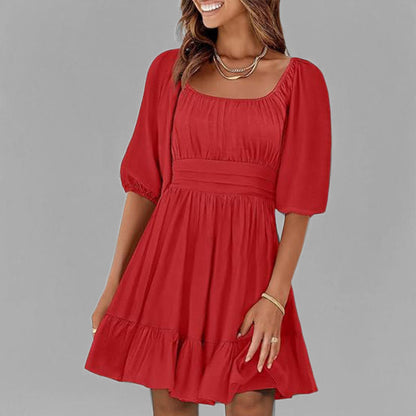 Women’s Fit and Flare Dress – Cotton – Square Neck – Puff Sleeve – Ruffle Hem