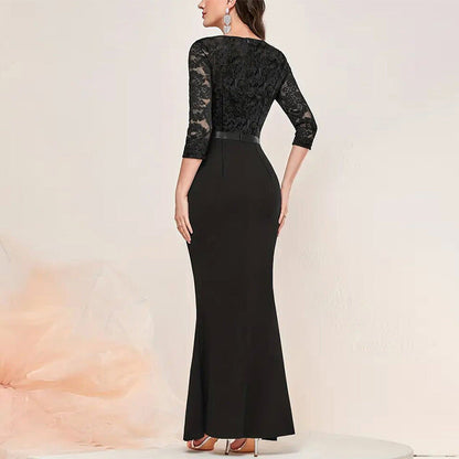 Women’s Formal Dress – Fitted Silhouette – Lace Bodice – High Slit – V-Neck – Ruffle Trim