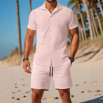 Men’s Shirt and Shorts Set – Slim Fit – Embossed Texture – Lightweight Cotton Blend