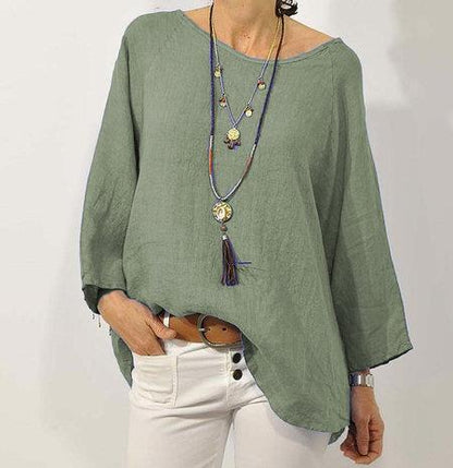 Women’s Top – Cotton Linen Blend – Relaxed Fit – 3/4 Raglan Sleeve – Asymmetrical Hem