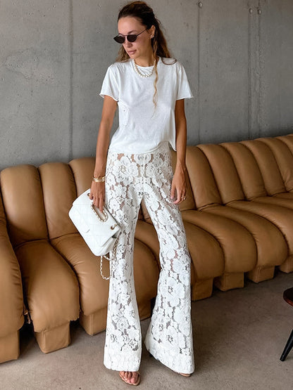 Women’s Wide-Leg Pants – Sheer Lace – Full Length – Relaxed Elegant Fit