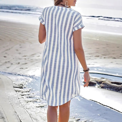 Women’s Shirt Dress – Relaxed Fit – Button Front – Vertical Stripes – Breathable Blend