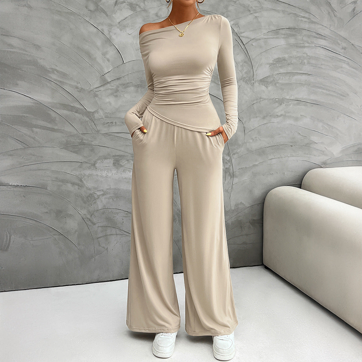 Women’s Matching Set – Slim Fit Long Sleeve Top – High Waist Wide Leg Pants