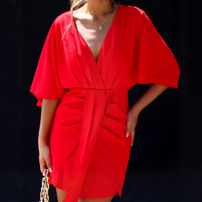 Women’s Skater Dress – V-Neck – Draped Waist – Asymmetrical Hem – Soft Breathable Fit