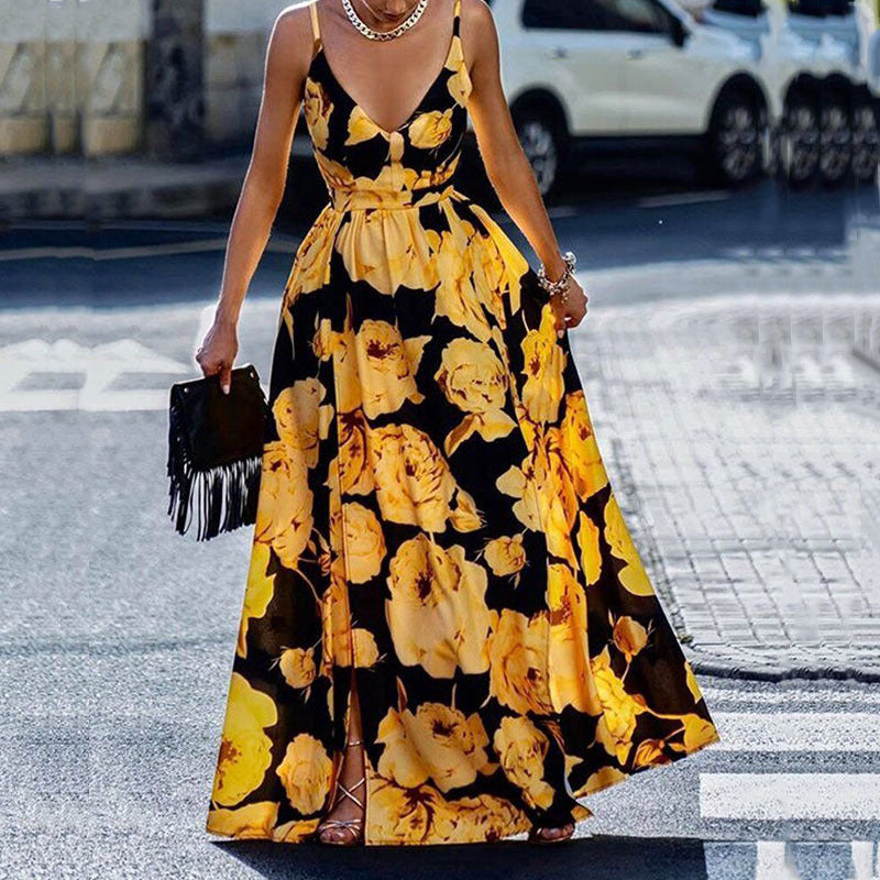Women’s Maxi Dress – A-Line Fit – Bold Print – Spaghetti Straps – Plunging Neckline