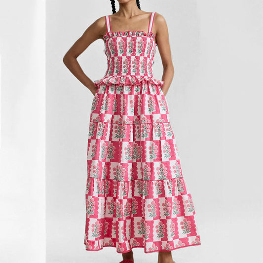 Women’s Sundress – Shirred Bodice – Tiered A-Line Skirt – Spaghetti Straps – Midi Length