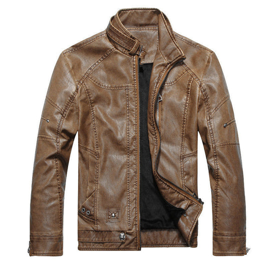 Men’s Biker Jacket – Slim Fit PU Leather – Zipper Front – Stand Collar – Lined