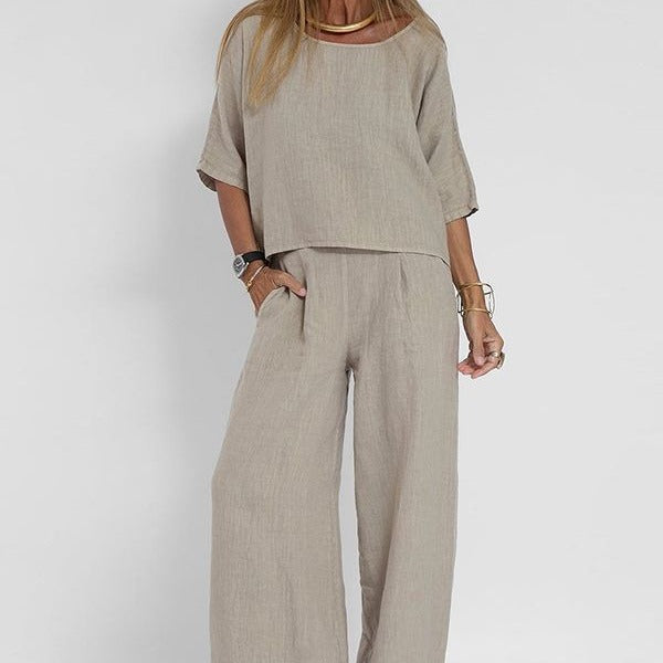 Women’s Two-Piece Set – Linen Blend – Relaxed Fit – Short Sleeve Top & Wide-Leg Pants
