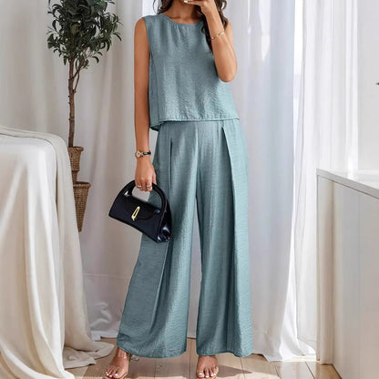 Women’s Wide-Leg Pants – High Waist – Pleated Front – Elastic Waist – Full Length
