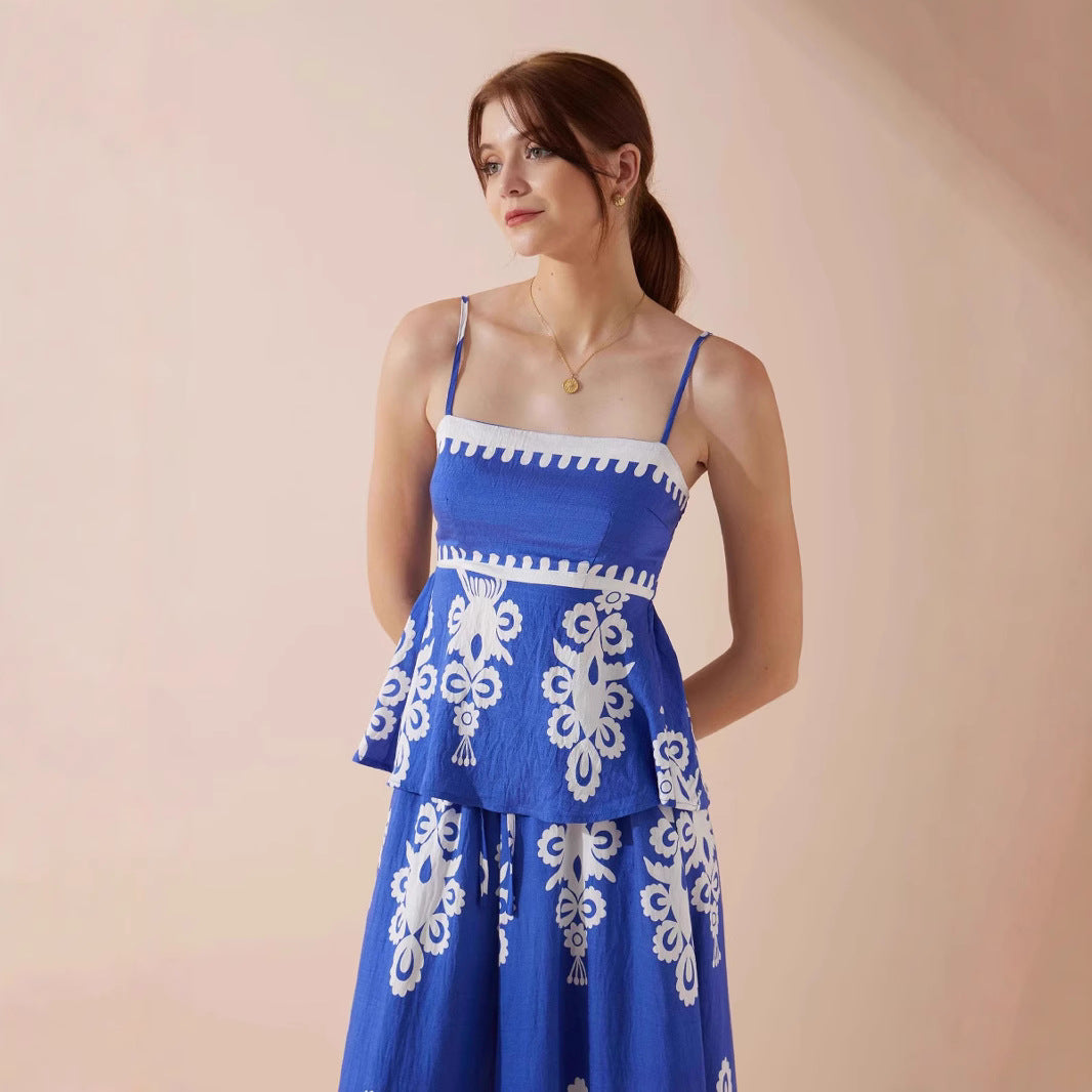 Women’s Sleeveless Top and Skirt Set – Ethnic Print – Peplum Fit – Cotton Matching Outfit