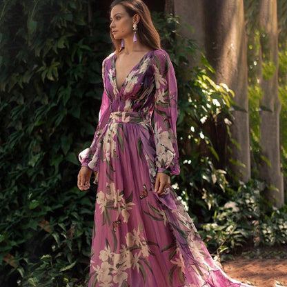 Women’s Long Dress – Sheer Chiffon – Floral Print – V-Neck – Flowing Fit – Long Sleeve