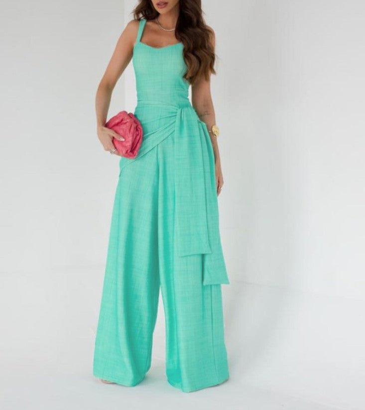 Women’s Jumpsuit – Linen Blend – Sleeveless – Wide Leg – Adjustable Waist – Full Length