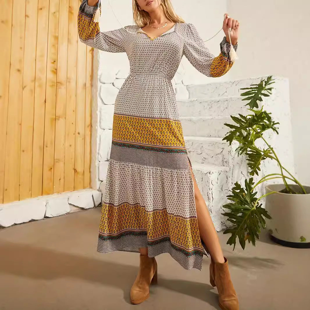Women’s Long Dress – Relaxed Fit – V-Neck A-Line – Shirred Waist – Lightweight Fabric