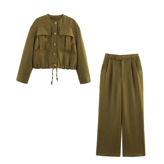 Women’s Utility Crop Jacket Set – Boxy Fit – Button-Up – Drawstring Hem – Chest Pockets