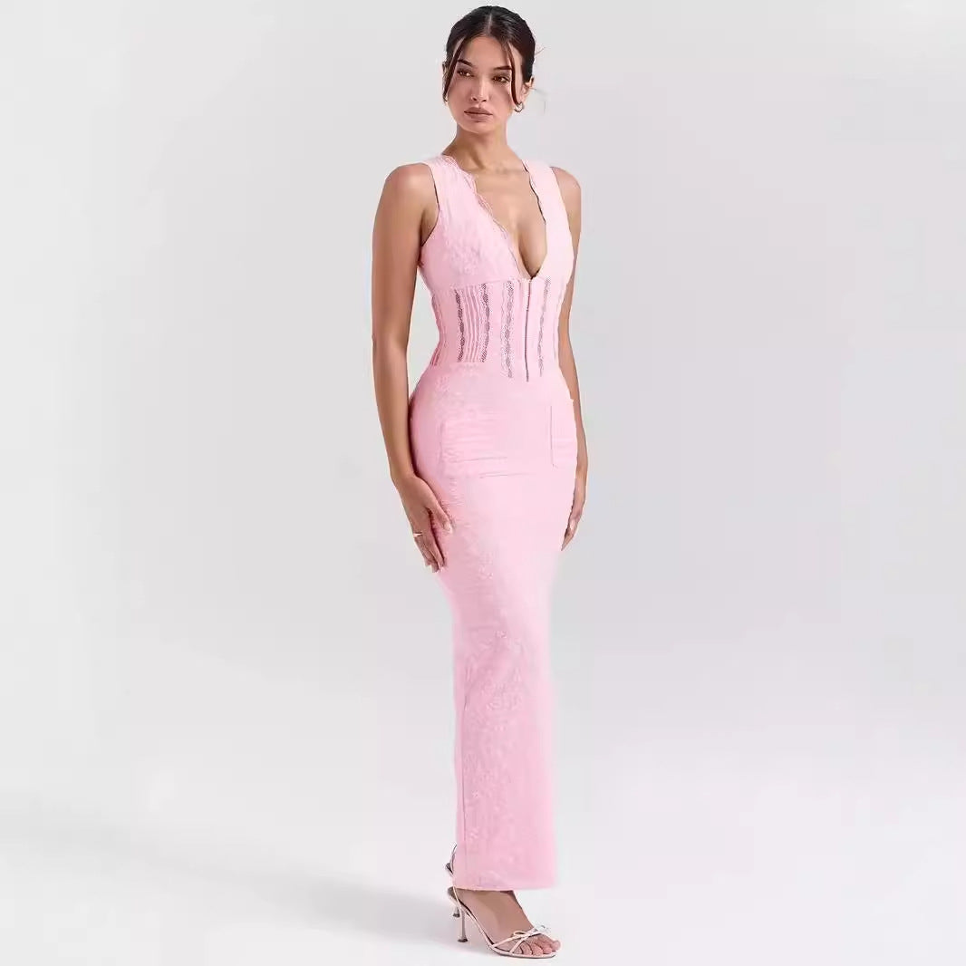 Women’s Lace Dress – Full Length – Fitted High Waist – Sleeveless Plunging Neckline
