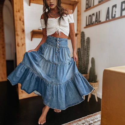 Women’s Denim Skirt – A-Line Fit – Tiered Layers – Button Front – Midi Length Casual