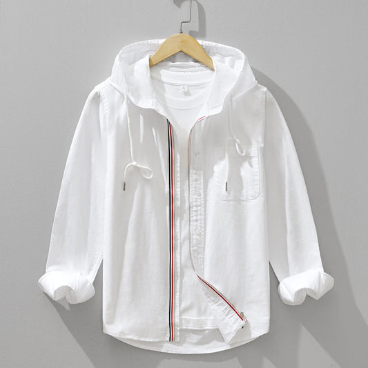 Men’s Hooded Shirt Jacket – Relaxed Fit – Lightweight Cotton – Full Zip with Chest Pocket