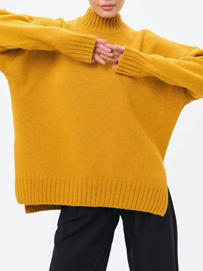 Women’s Pullover Sweater – Soft Ribbed Knit – Oversized Fit – Semi-High Neck – Casual