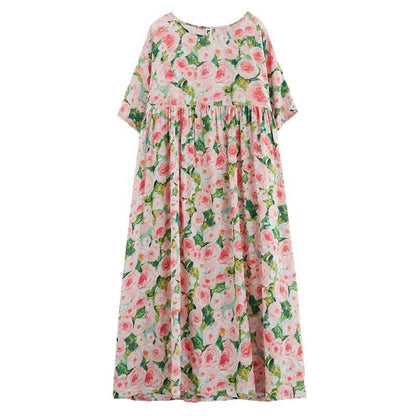 Women’s Long Dress – Floral Print – Loose Fit – Cotton Blend – 3/4 Sleeve Maxi