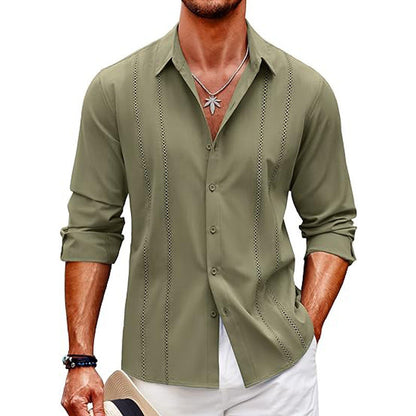 Men’s Long Sleeve Shirt – Slim Fit – Cotton Blend – Button-Front – Minimalist Vertical Dot Detailing