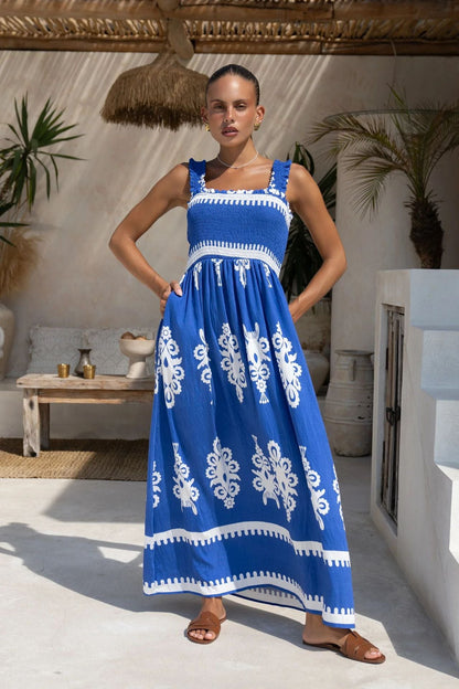 Women’s Sundress – Breathable Cotton – Ruched Bodice – A-Line Fit – Ankle Length