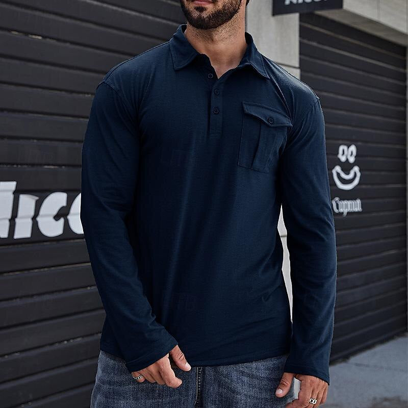 Men’s Henley Polo Shirt – Cotton – Regular Fit – Stand Collar – Chest Pocket