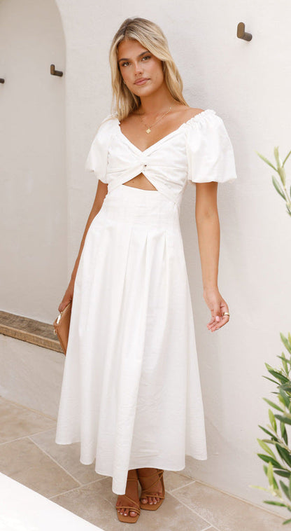 Women’s Long Dress – Fit and Flare – Puff Sleeve – V-Neck – Lightweight Breathable Fabric