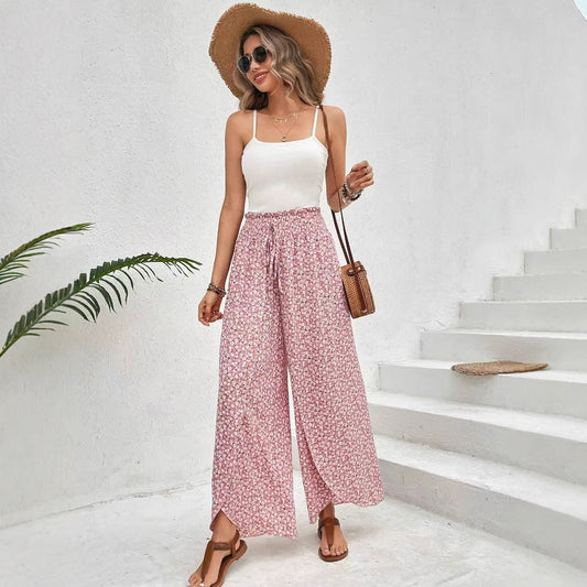 Women’s Wide-Leg Skirt Pants – Relaxed Fit – Floral Print – Side Slits – Breathable Blend